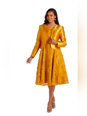 EY Boutique Lace Elegant Golden Yellow Floral A-Line Dress W Matching Jacket New